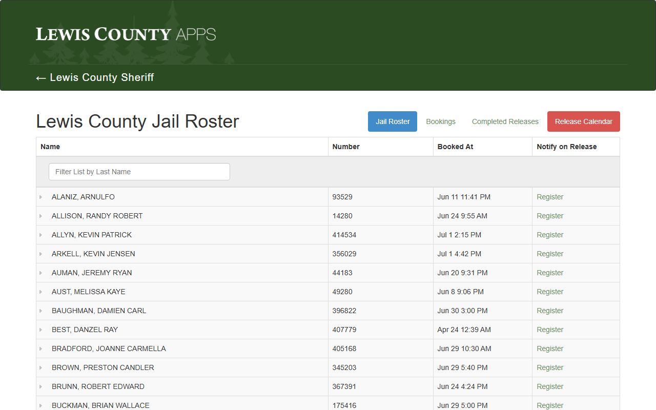 Lewis County Jail current roster with filter box, inmate rows, and VINELink registration links