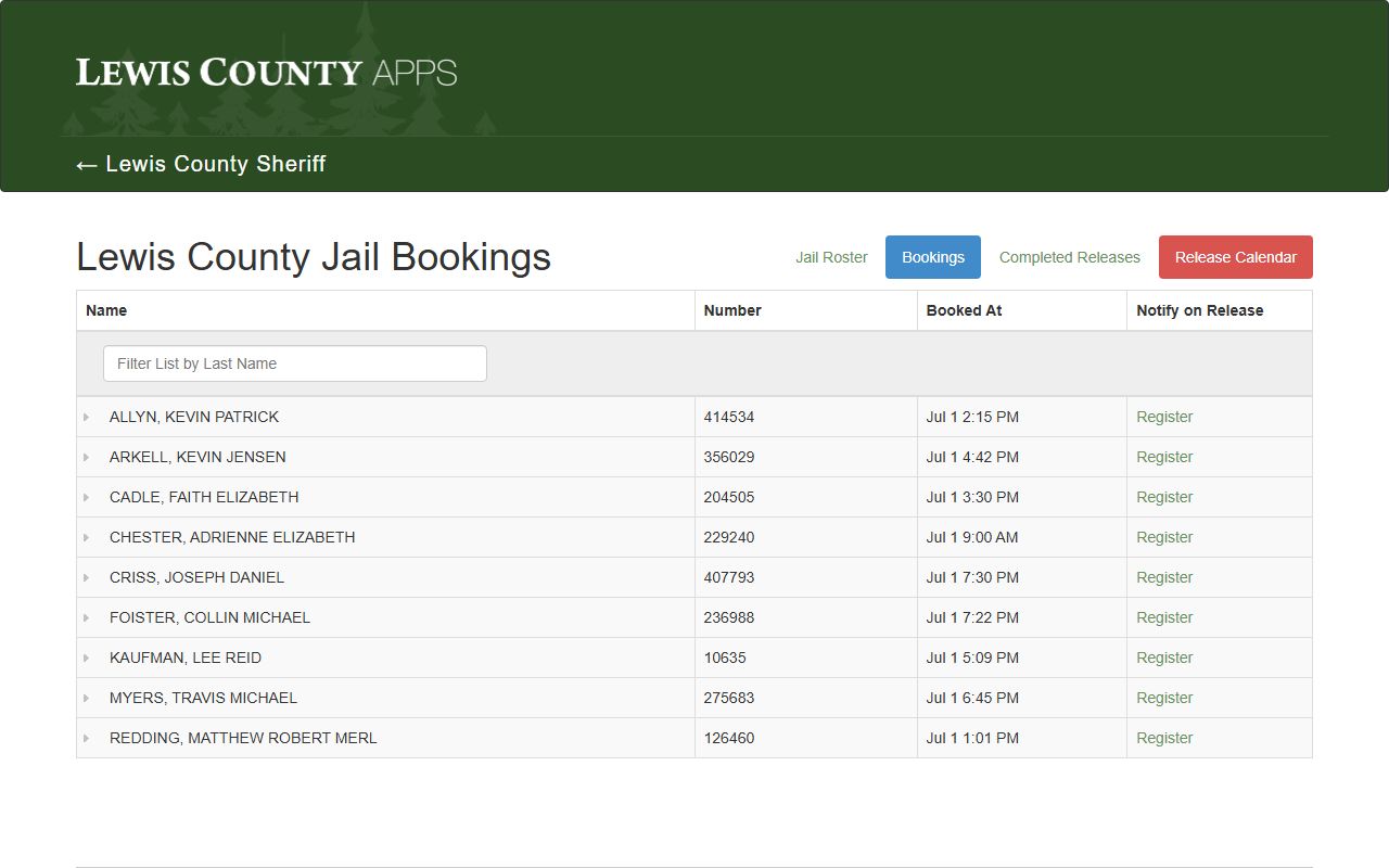 Lewis County Jail bookings list showing newly booked people and charge detail fields