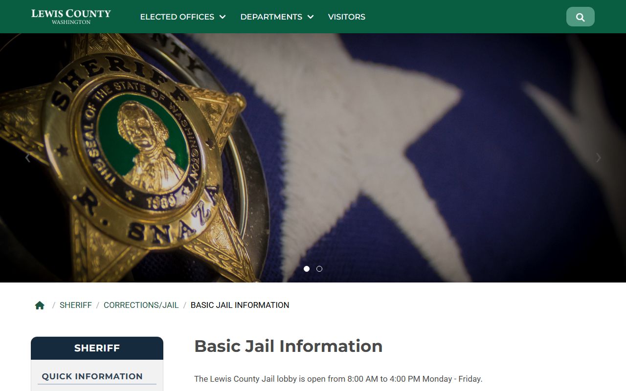 Lewis County Jail basic jail information page with lobby hours and release-time rules
