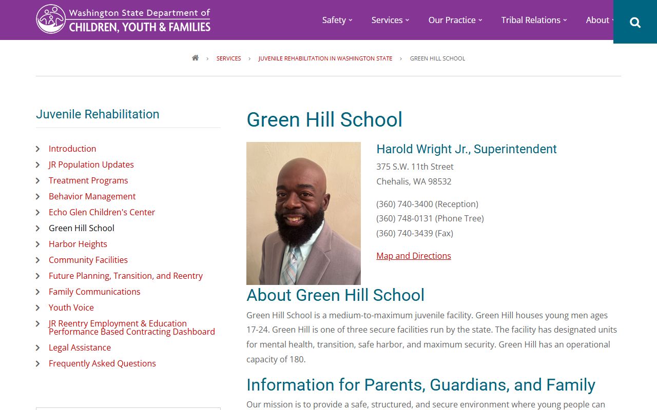 DCYF Green Hill School facility page for Chehalis Washington